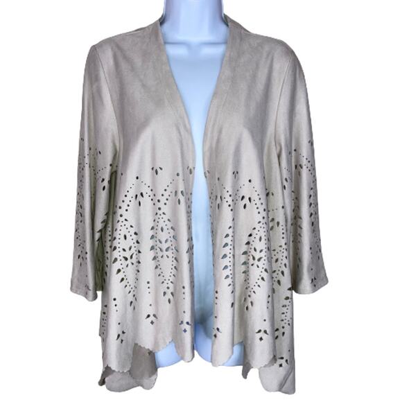 NWT Chico's Perforated Suede Open Front Cardigan Jacket Drape Scalloped Hem 2 P - Picture 1 of 16